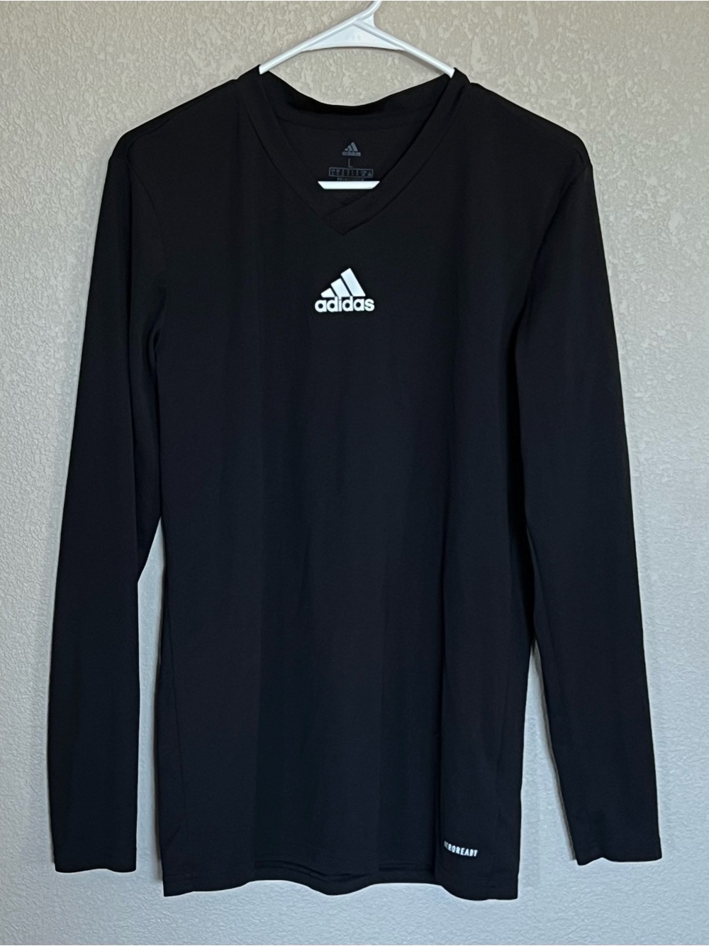 adidas Black Long-Sleeve V-Neck Athletic Top with White Logo